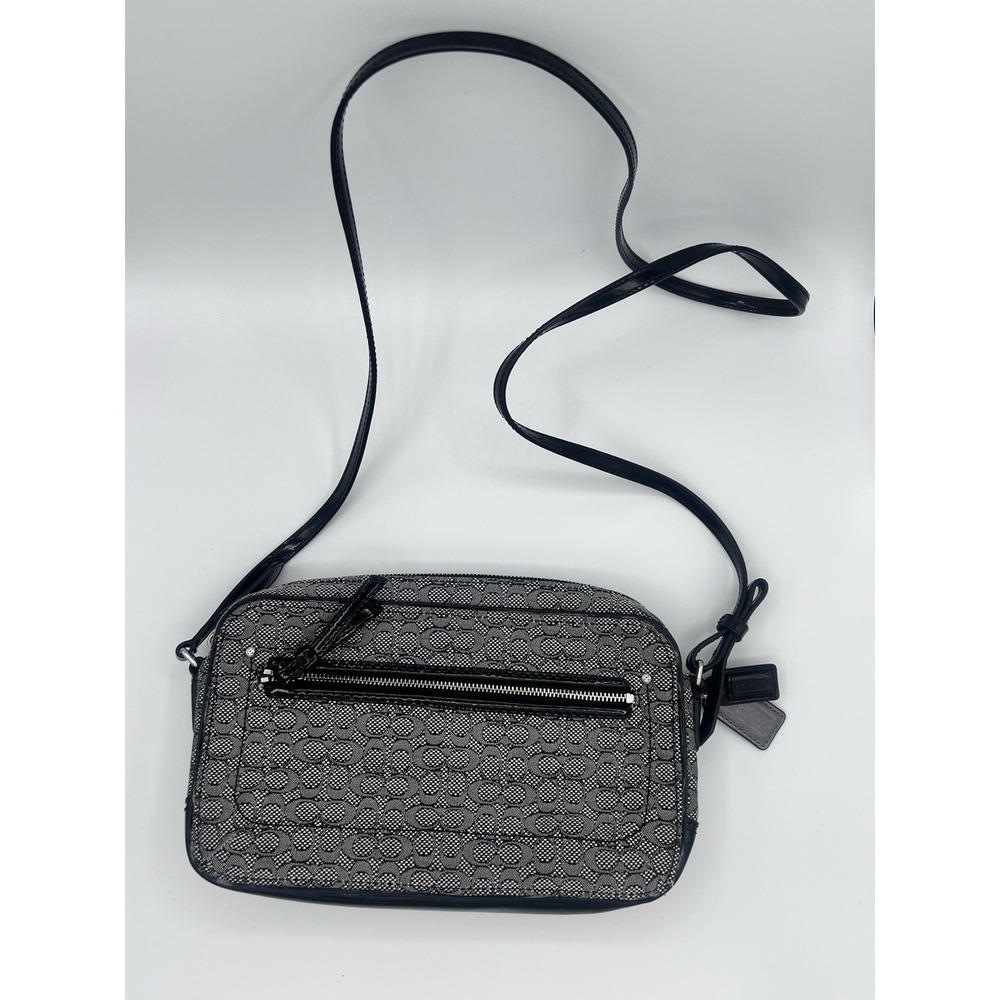 Coach F1380 25043 Black Signature Mini Canvas Crossbody Bag Patent Leather Trim